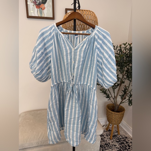 Old Navy Blue & White Striped Waist-Defined Puff Sleeve Mini Dress (Size M) - Picture 4 of 5